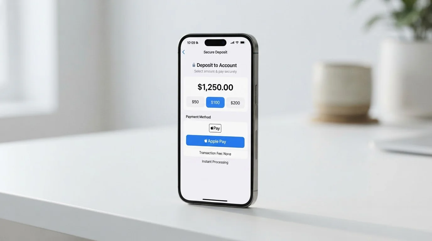 Clean minimal mobile casino interface showing Apple Pay deposit button on iPhone screen