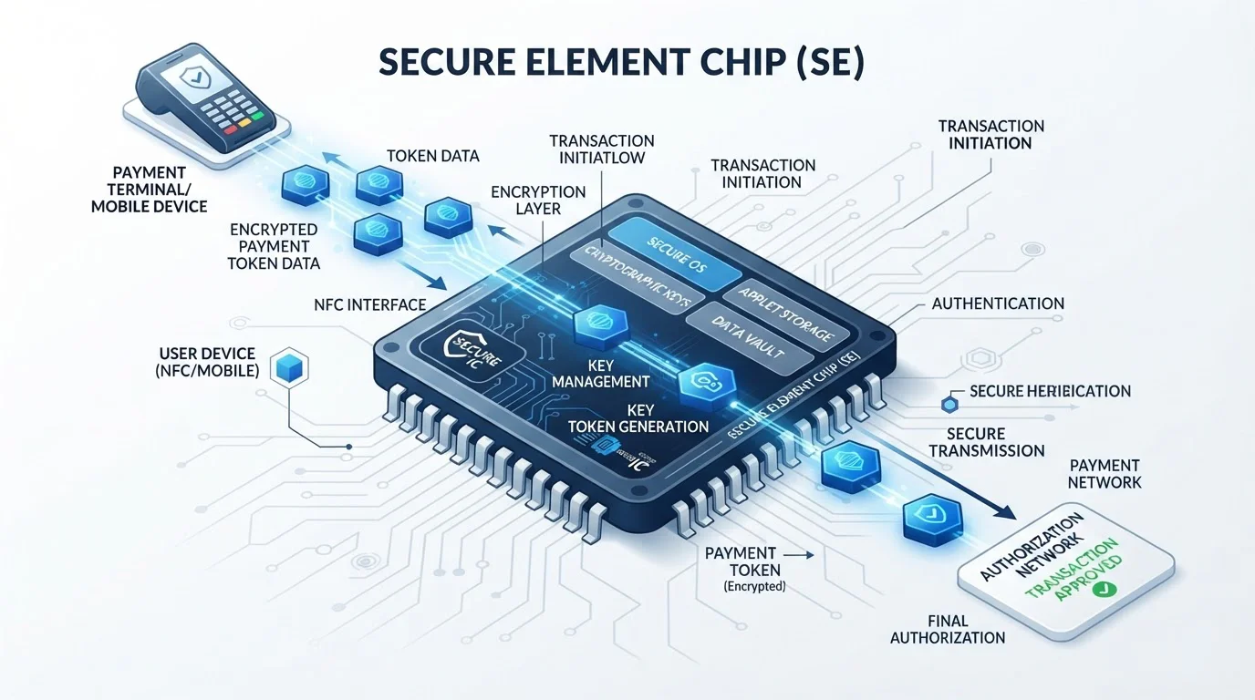 Secure Element chip diagram and tokenization flow visualization on clean background