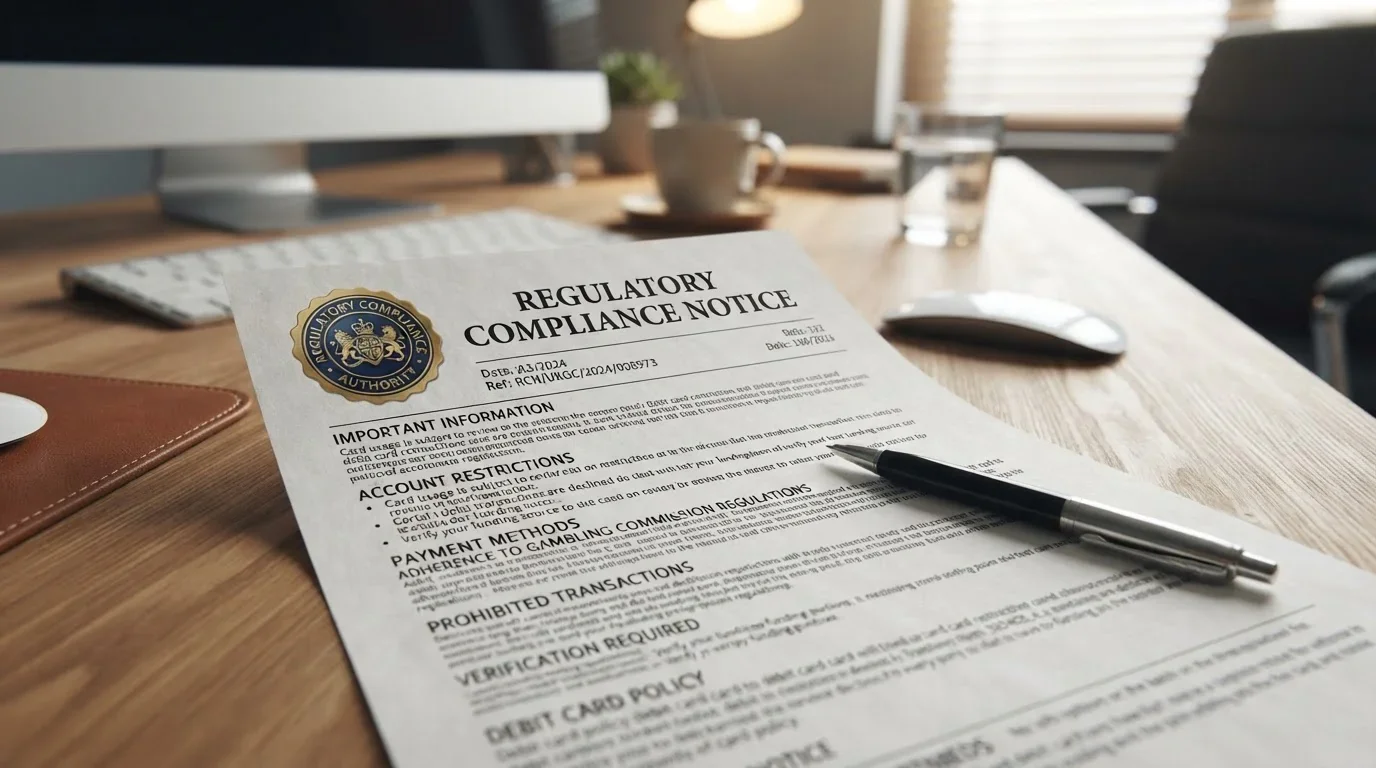 Document showing UK Gambling Commission seal and debit card restriction notice