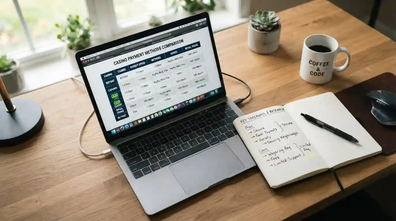 Desk with laptop displaying casino comparison table, notebook with pros and cons list, coffee cup