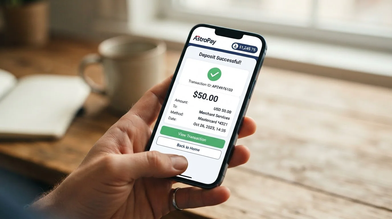 Mobile phone screen showing AstroPay wallet app with deposit transaction interface and instant confirmation message