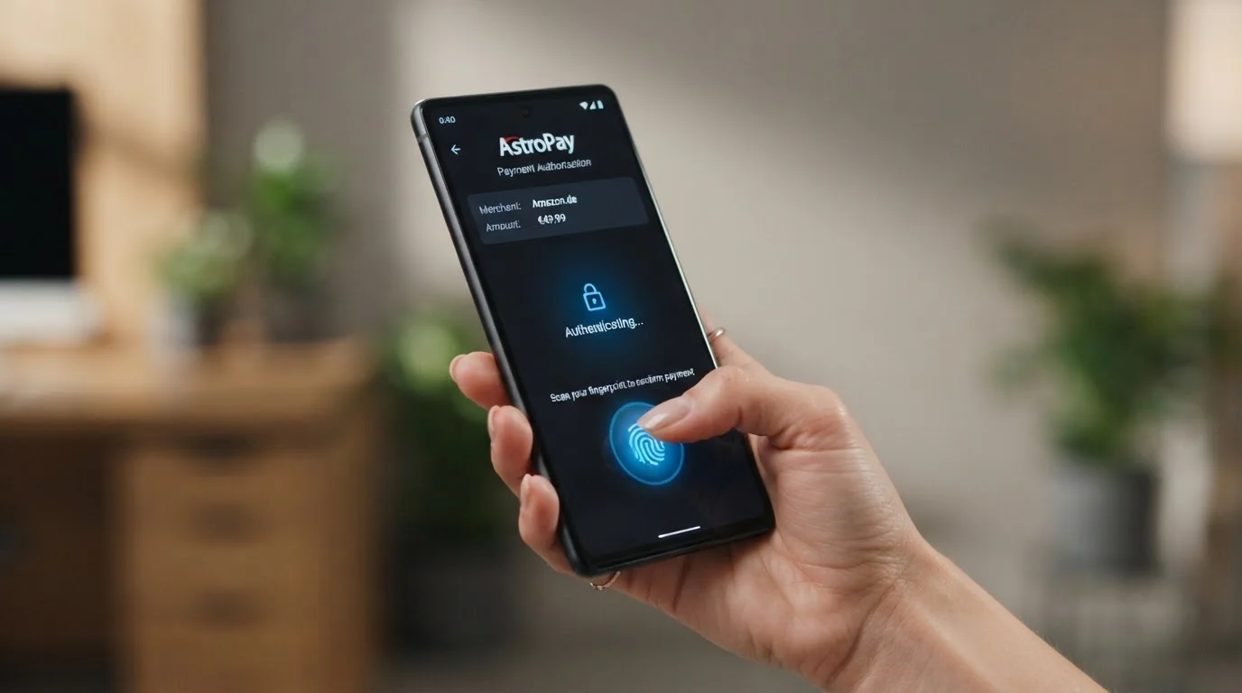 Hand holding smartphone with fingerprint scanner highlighting biometric authentication on AstroPay payment screen