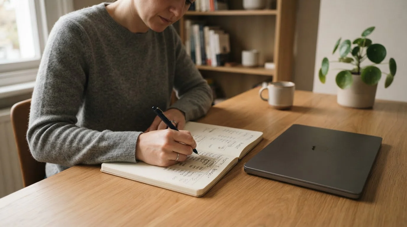 Person setting a personal spending limit in a notebook beside a laptop