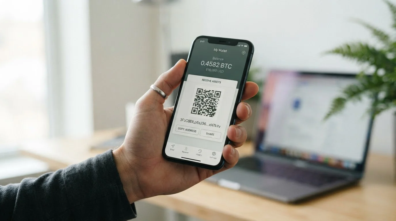 Hand holding a smartphone with a crypto wallet open, copying a Bitcoin Cash address