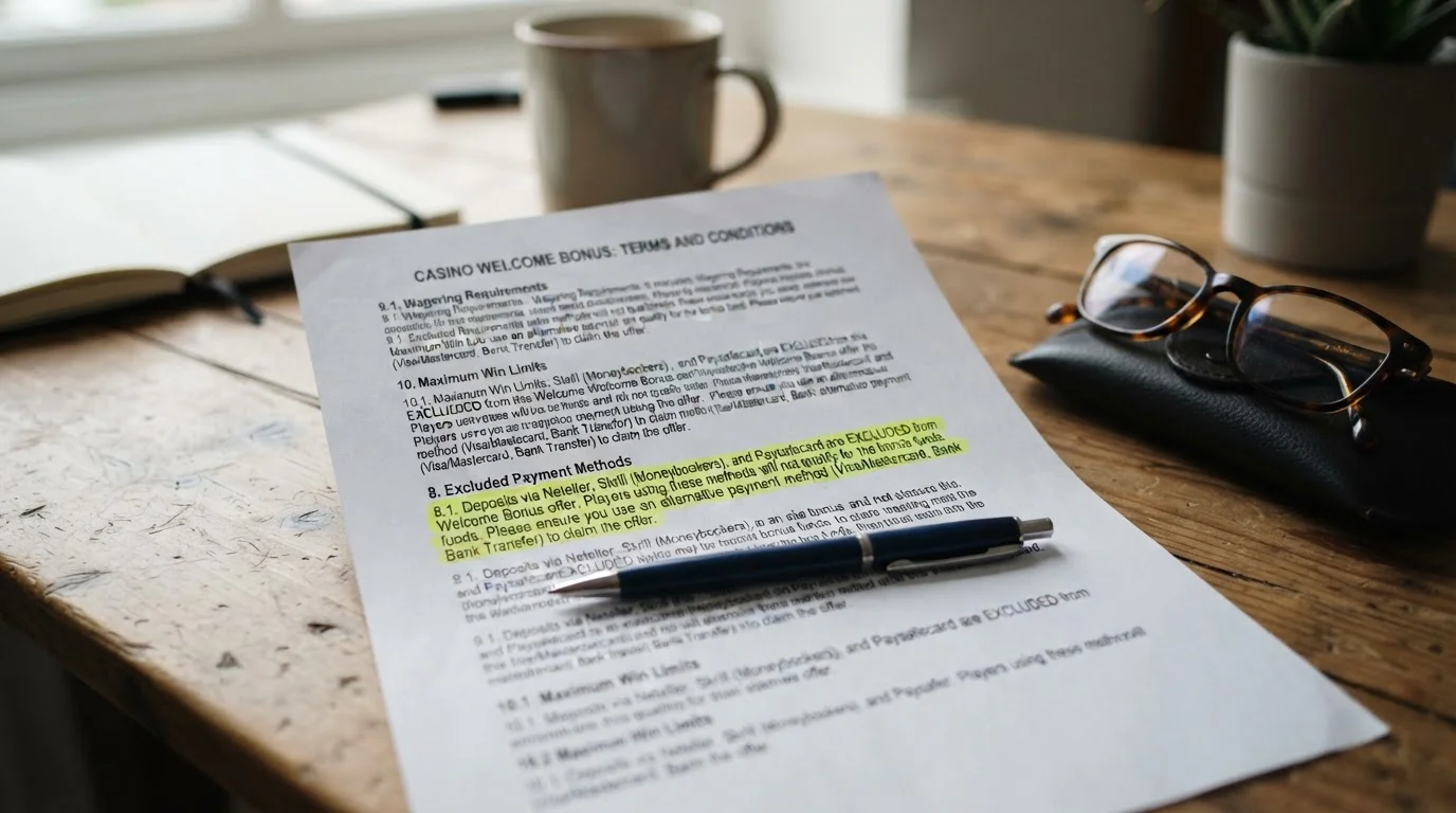 Casino bonus terms document highlighting excluded payment methods section