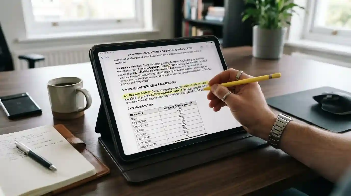 Casino bonus terms and conditions document with maximum bet rule and game weighting highlighted