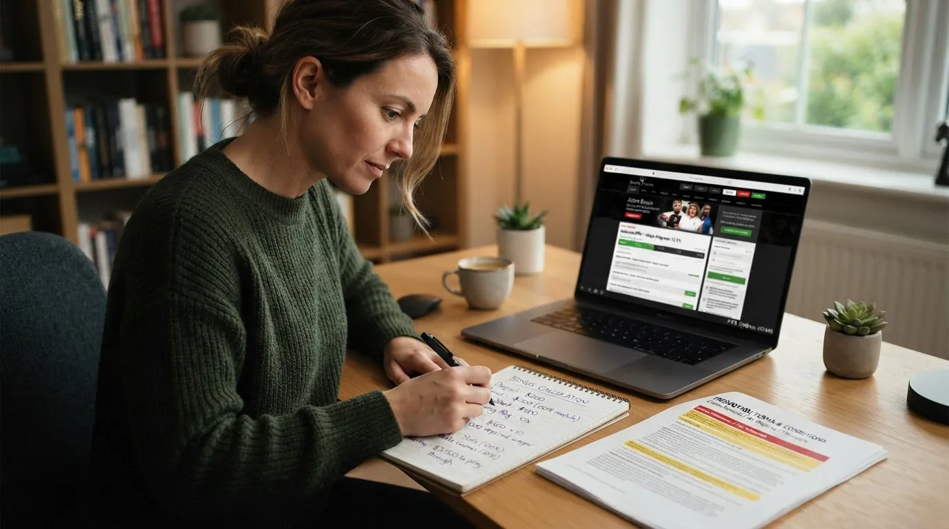 Person at desk calculating bonus wagering requirements with notepad showing 10x cap arithmetic