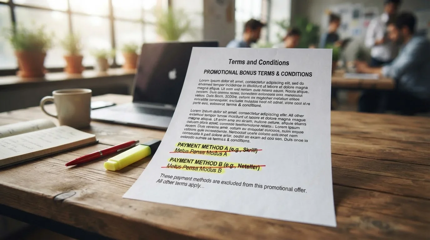 Illustration showing welcome bonus terms document with Skrill and Neteller marked as excluded payment methods