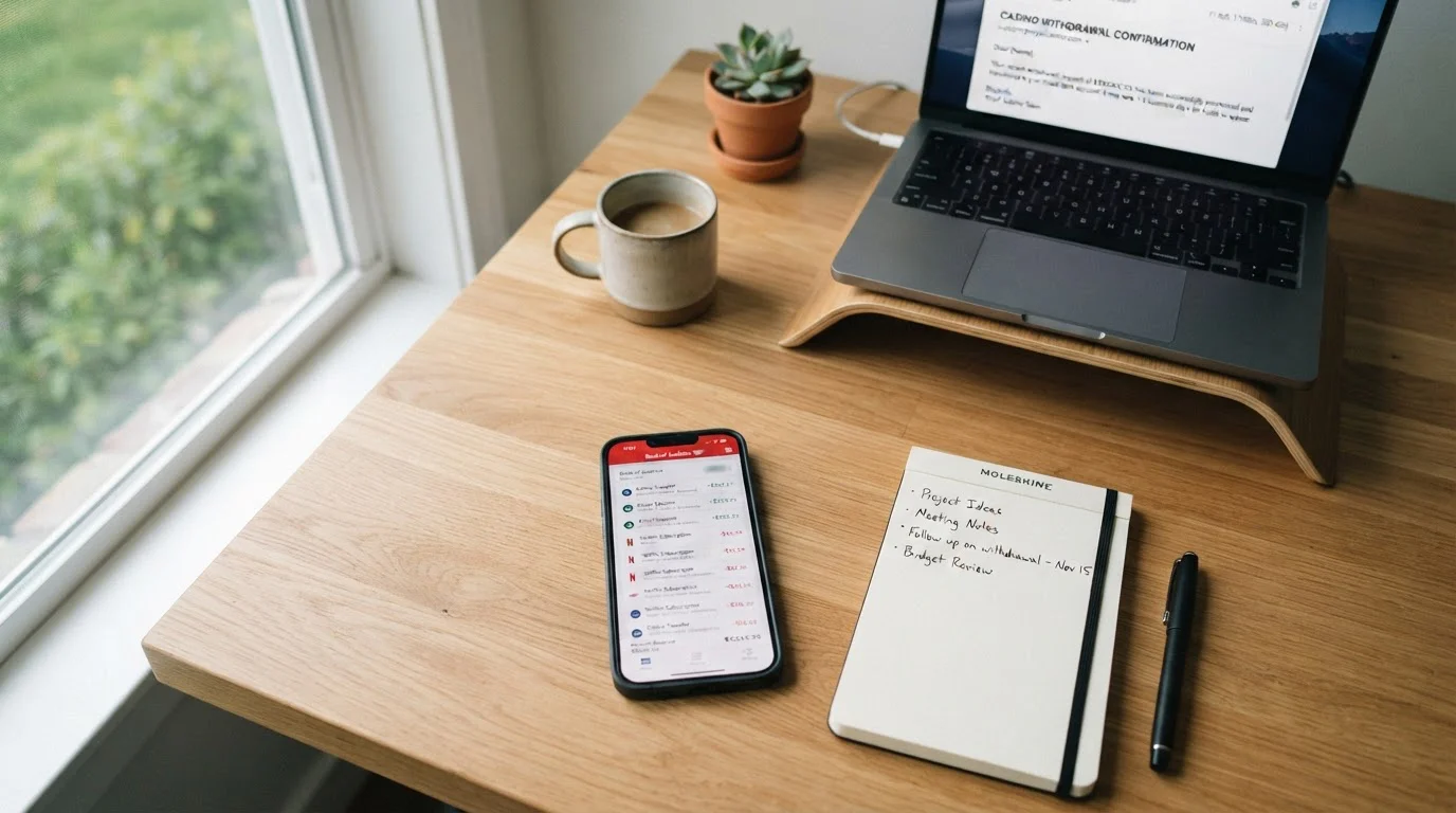 Desk workspace showing smartphone with banking app and casino withdrawal confirmation