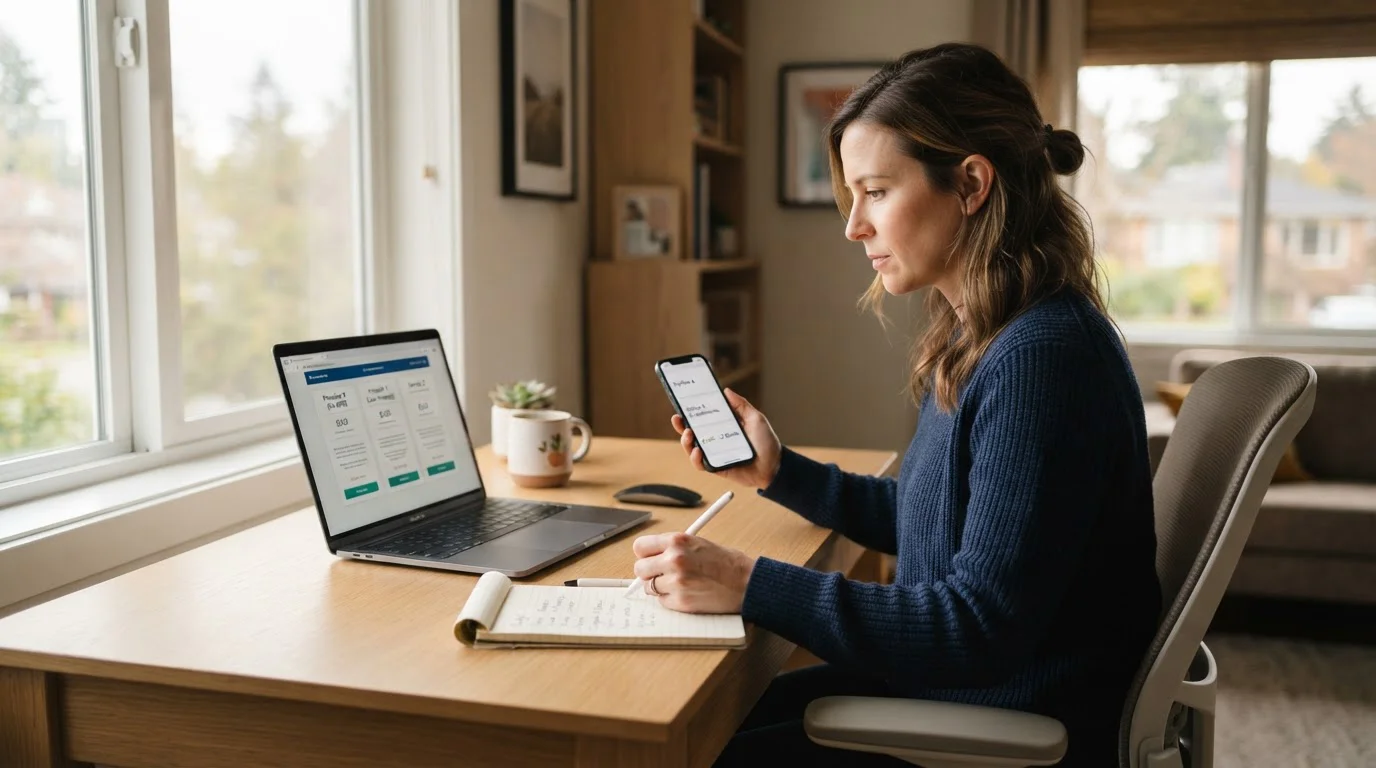 Person at desk reviewing payment options on laptop and mobile phone
