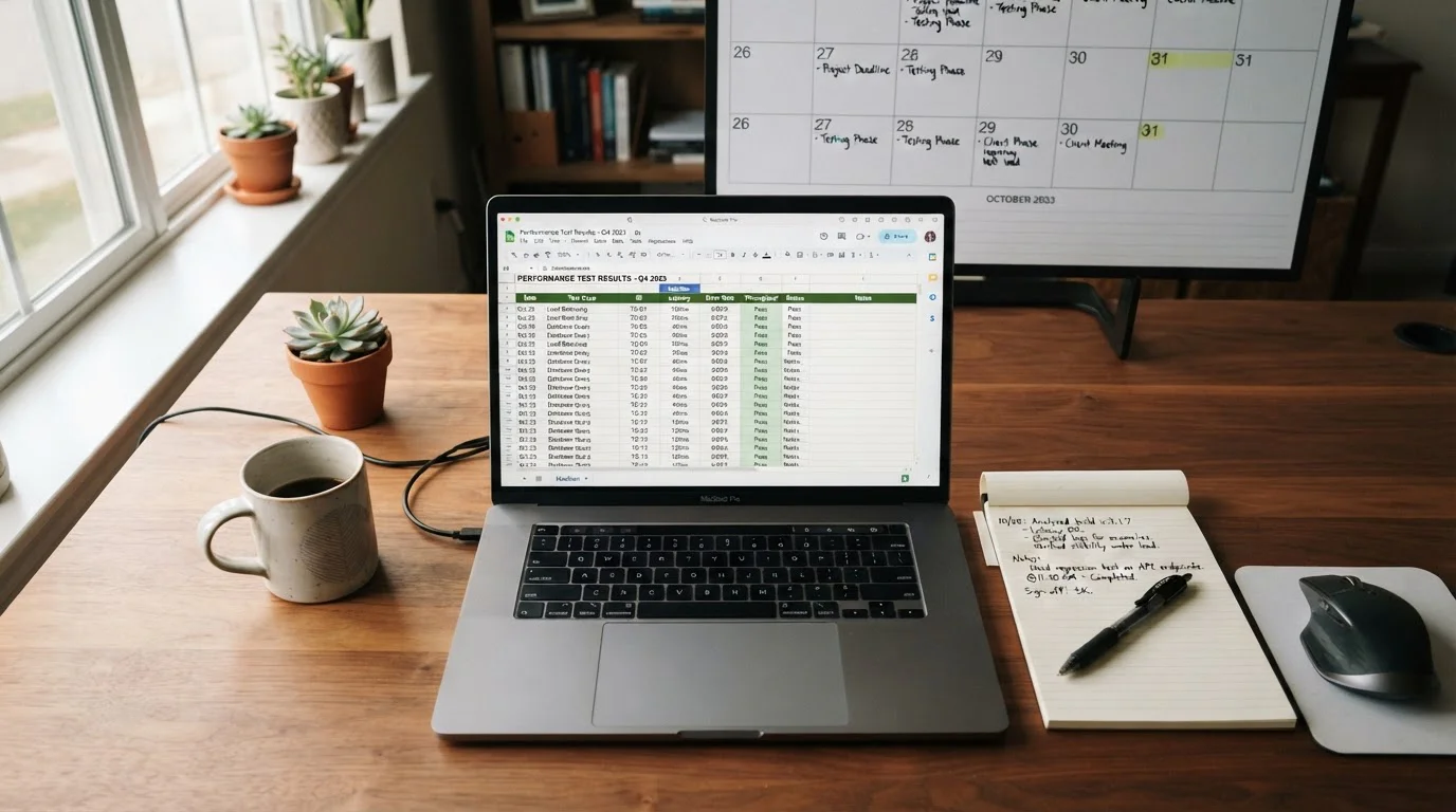 Desk with laptop, notepad and calendar showing casino testing methodology documentation