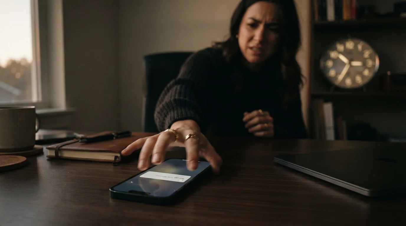 Smartphone on desk with notification, hand reaching in frustration, clock in background