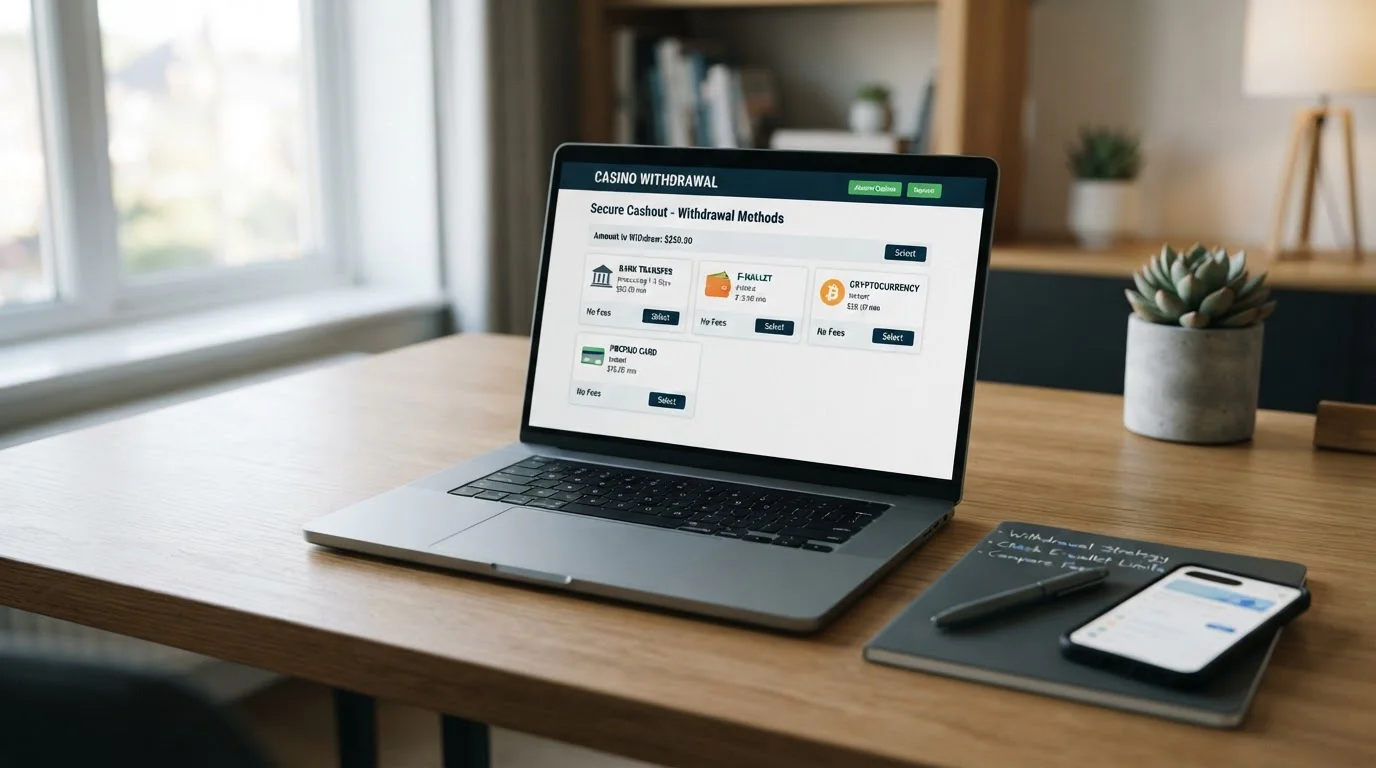 Laptop displaying casino withdrawal options with bank transfer and e-wallet methods