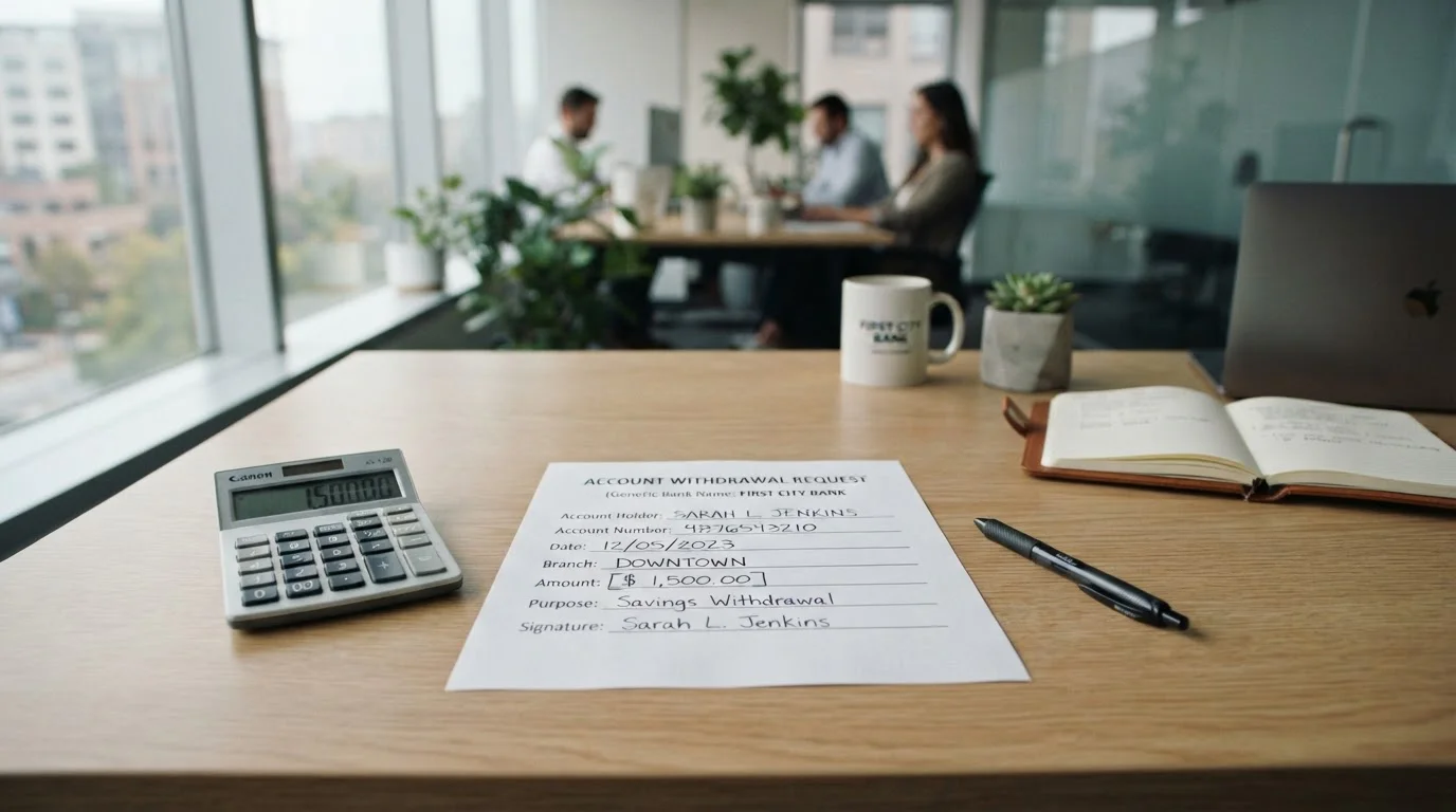 Clean desk with calculator and withdrawal request form
