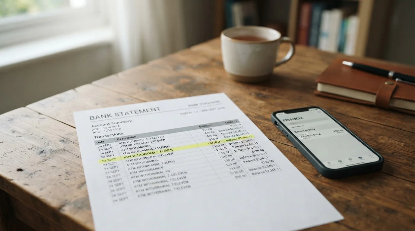 Bank statement showing casino withdrawal transaction with processing timestamp