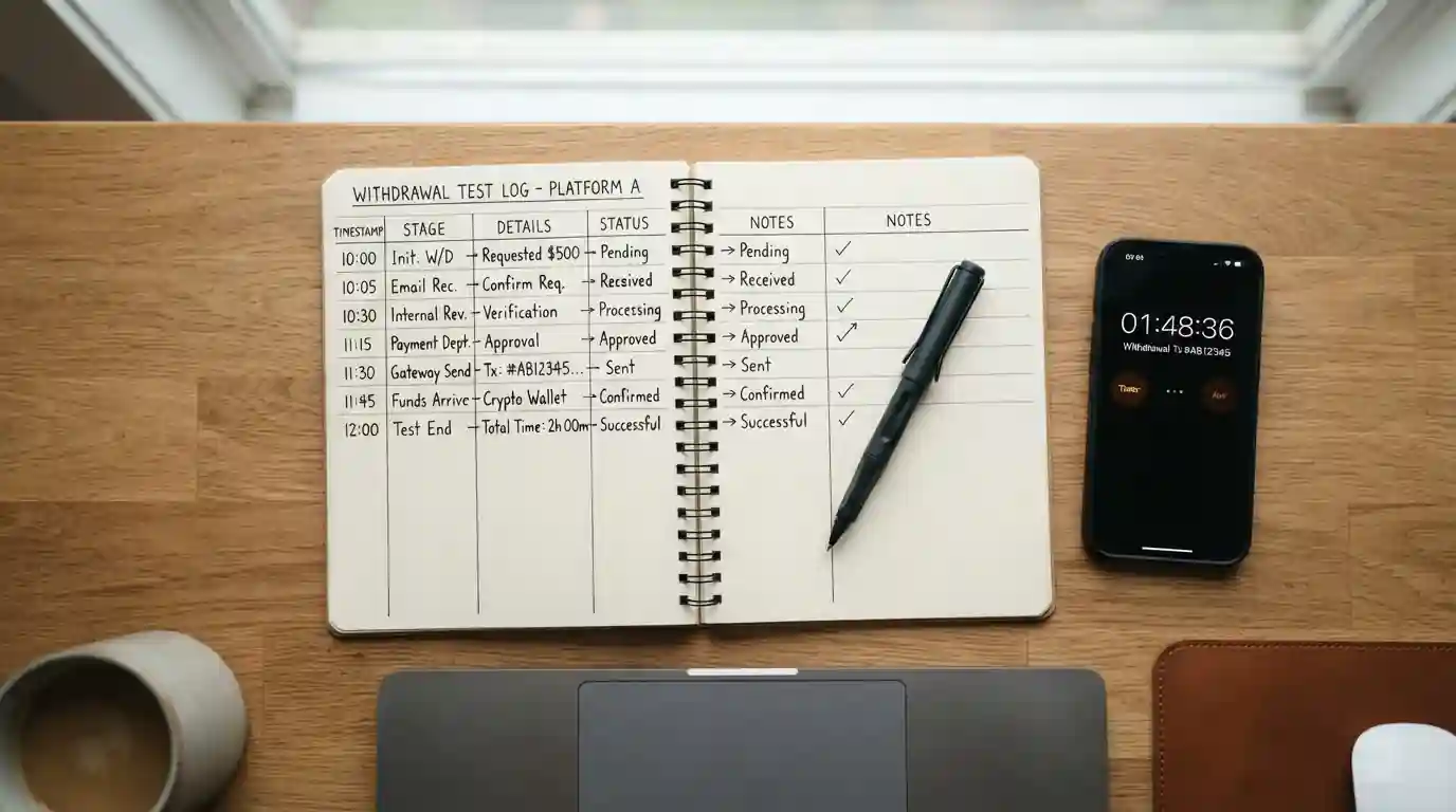 Notebook with withdrawal test data showing timestamps for casino approval, payment processing, and account receipt