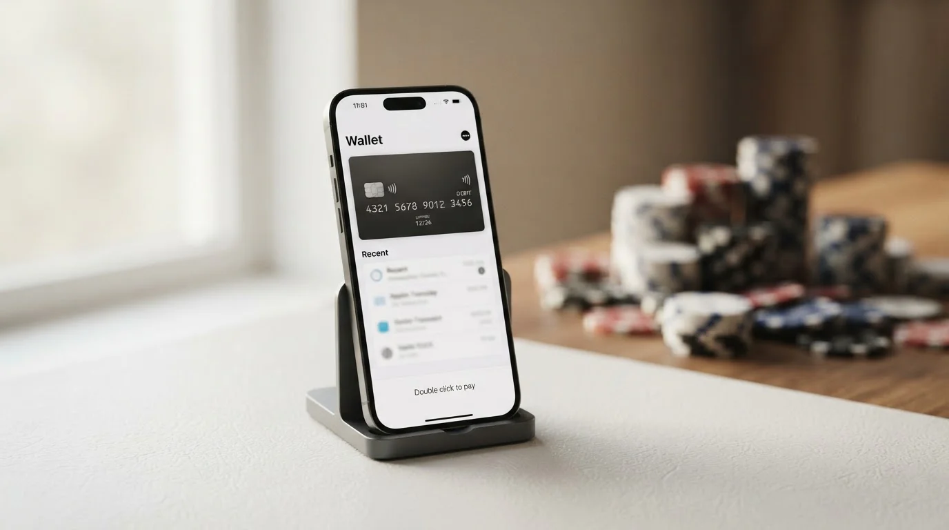 iPhone with Apple Pay wallet showing debit card ready for casino deposit