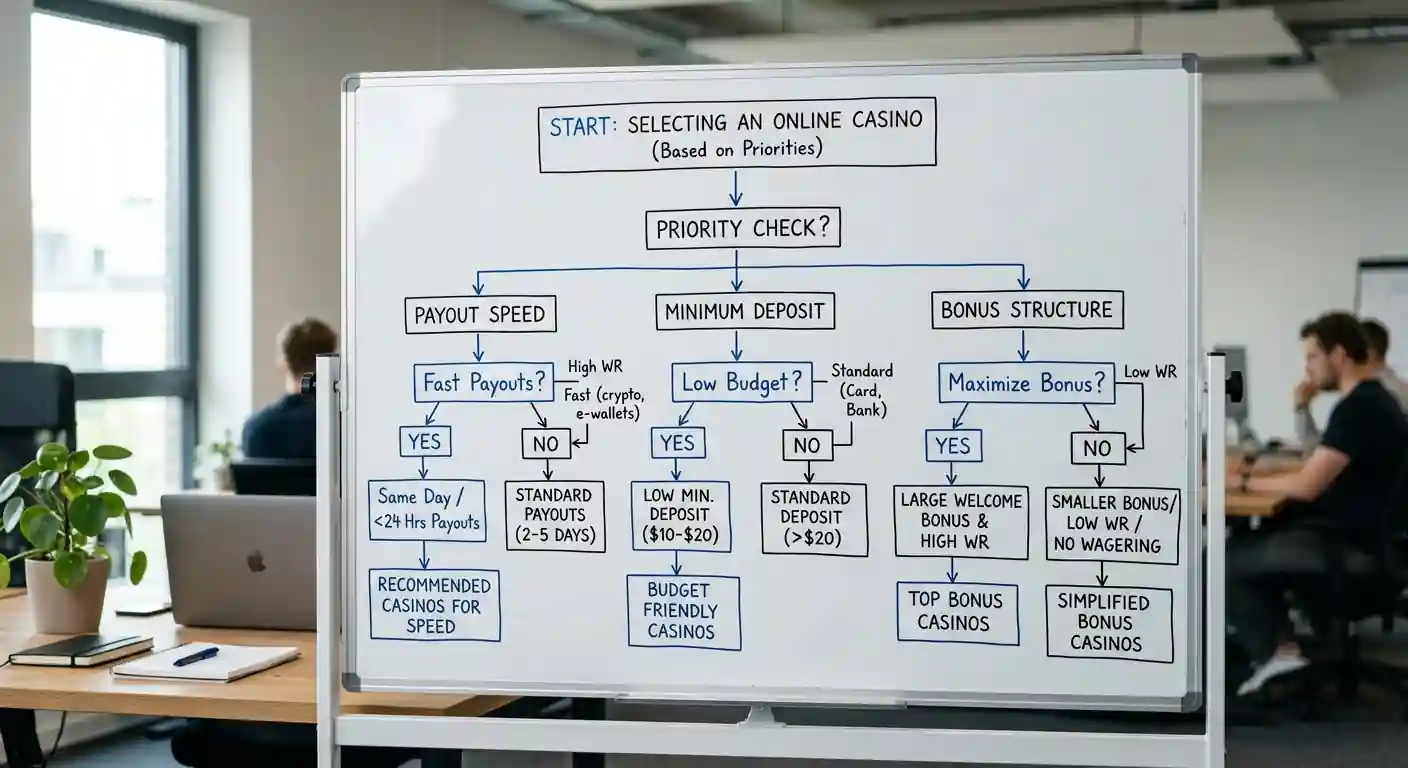 Decision flowchart for selecting UK Trustly casino based on priorities