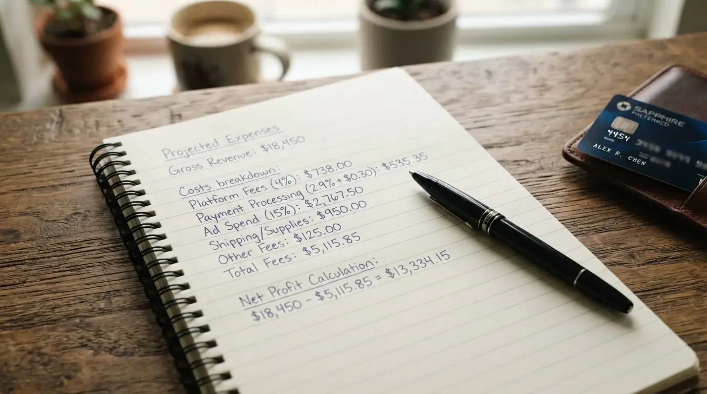 Notepad with handwritten calculation showing cash advance fees and interest