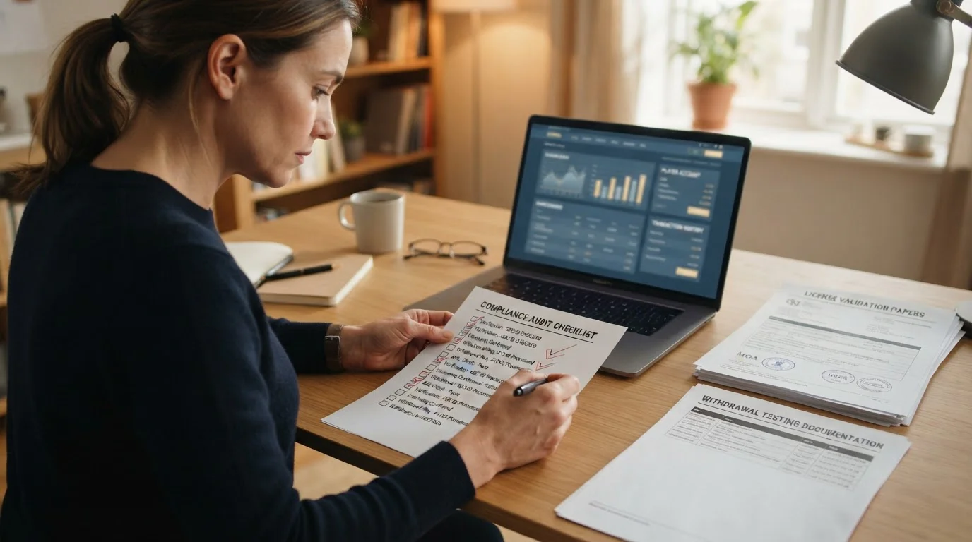 Person at laptop reviewing checklist with license validation and withdrawal testing documentation