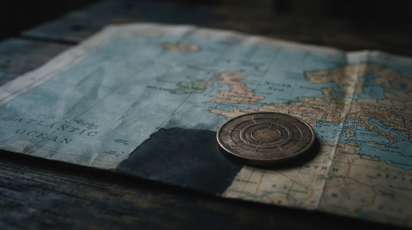 A single physical crypto-style coin resting on a world map, lit low and cool, with a UK outline faintly visible
