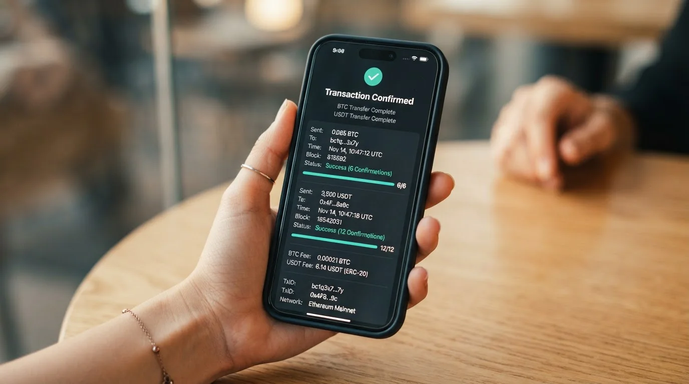 Smartphone displaying blockchain transaction confirmation with Bitcoin and USDT transfer speeds
