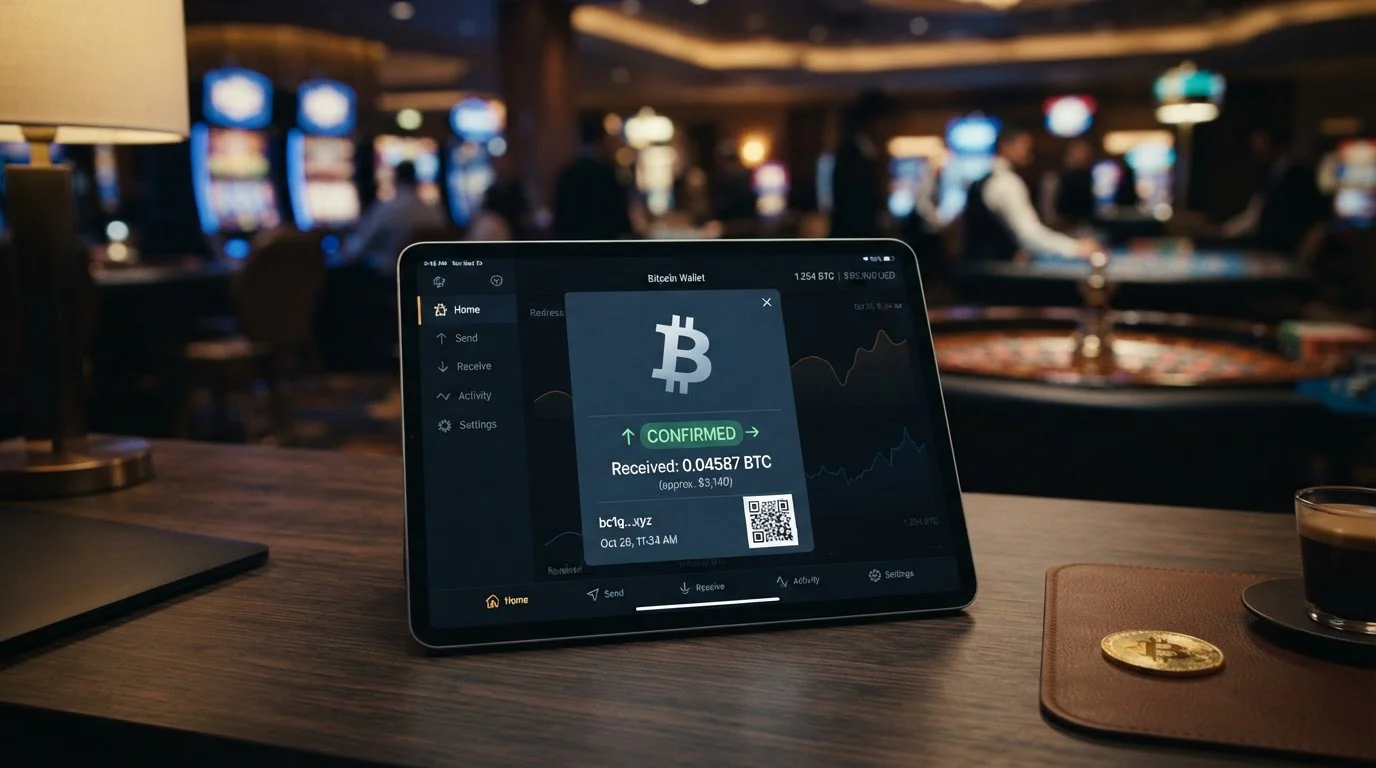 Bitcoin symbol overlaid on a digital wallet interface with casino deposit confirmation
