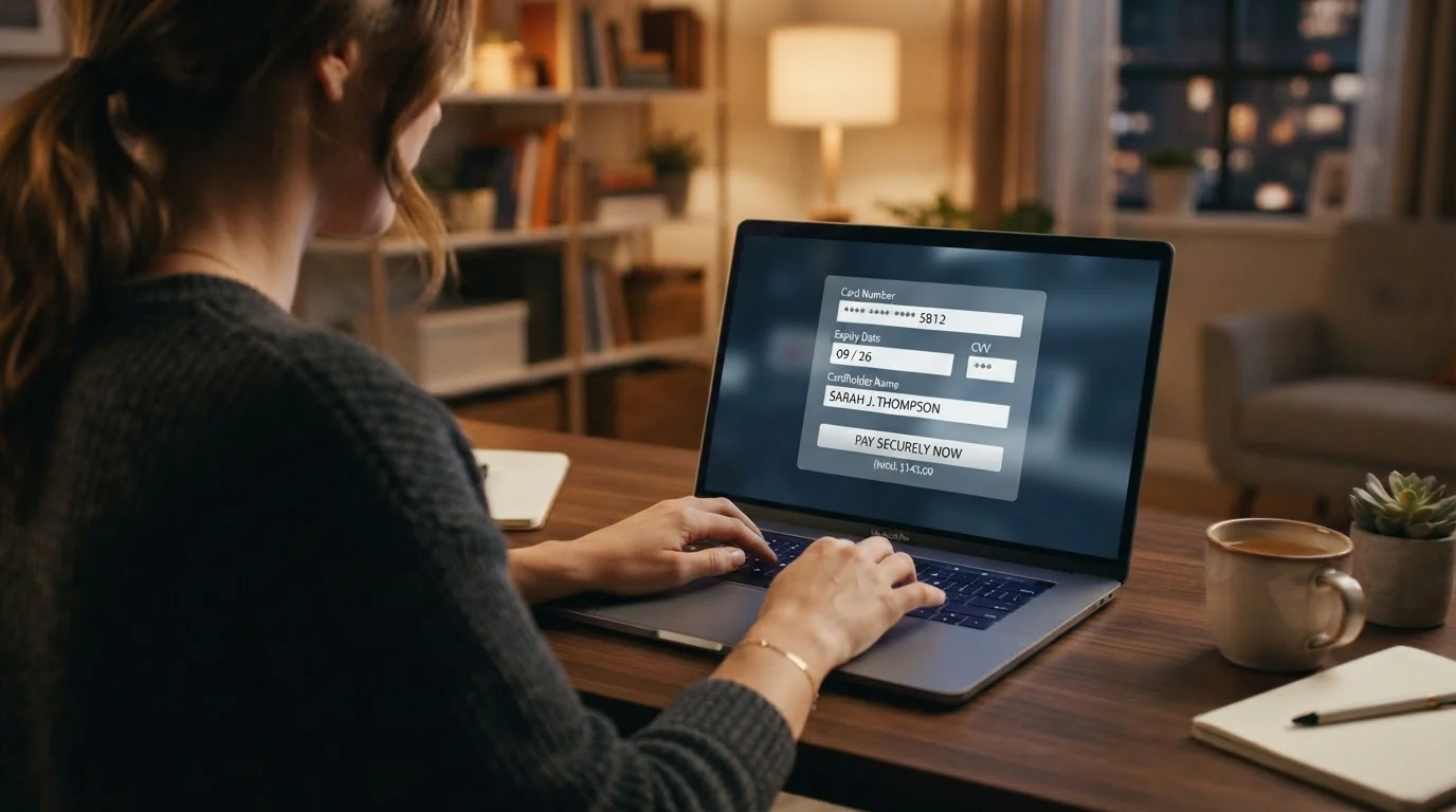 Person entering debit card details on a laptop for online casino deposit
