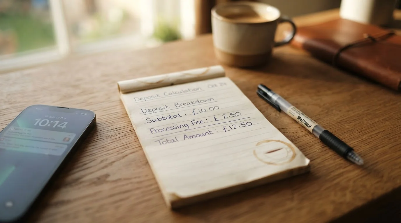 Close-up of handwritten fee calculation on notepad showing deposit breakdown with pen and smartphone