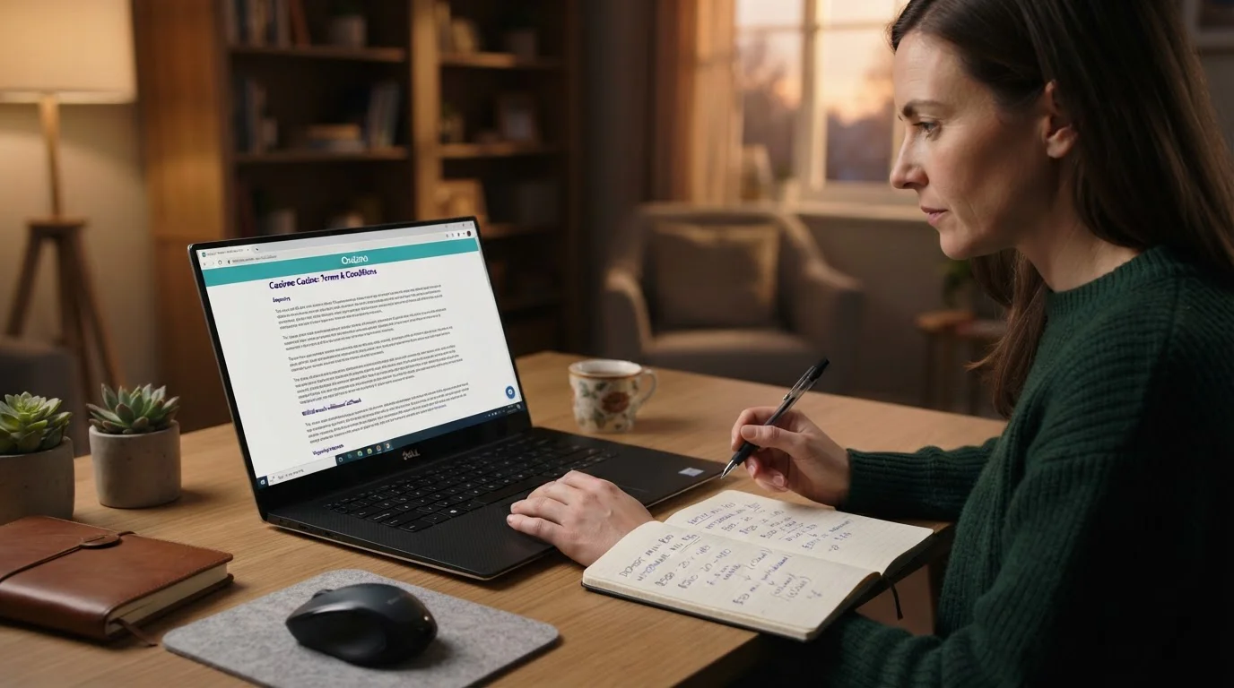 Person reviewing casino withdrawal terms on laptop with notepad showing deposit and withdrawal minimums