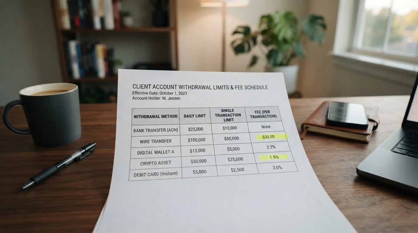 Financial document showing casino withdrawal limits and fee schedule
