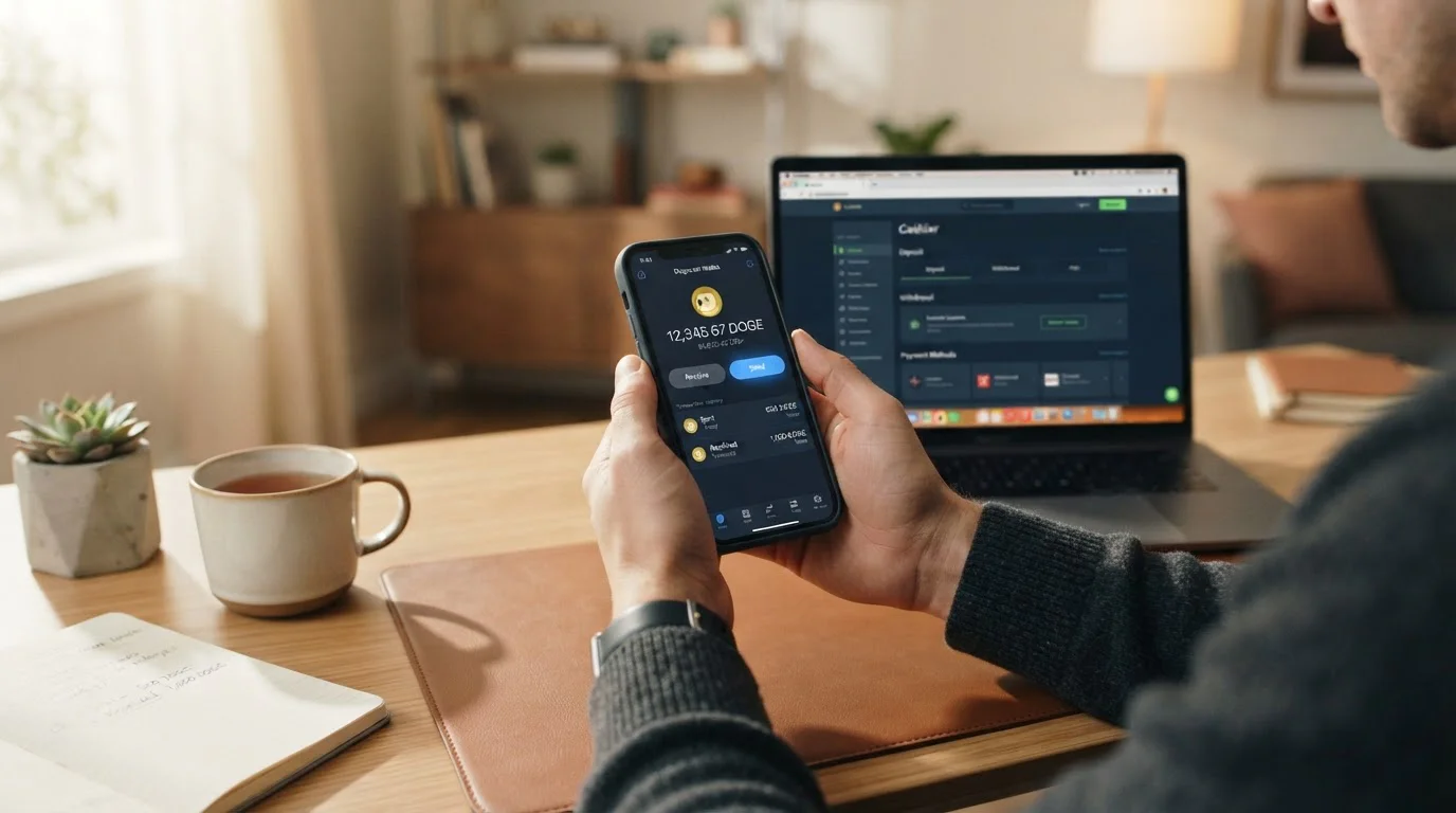 Person at desk sending Dogecoin from mobile wallet to casino deposit address