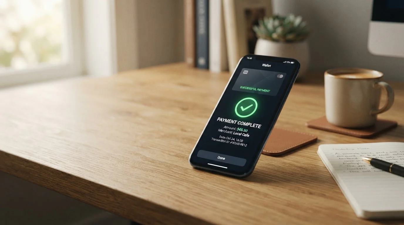 Mobile phone showing e-wallet app with instant payment confirmation