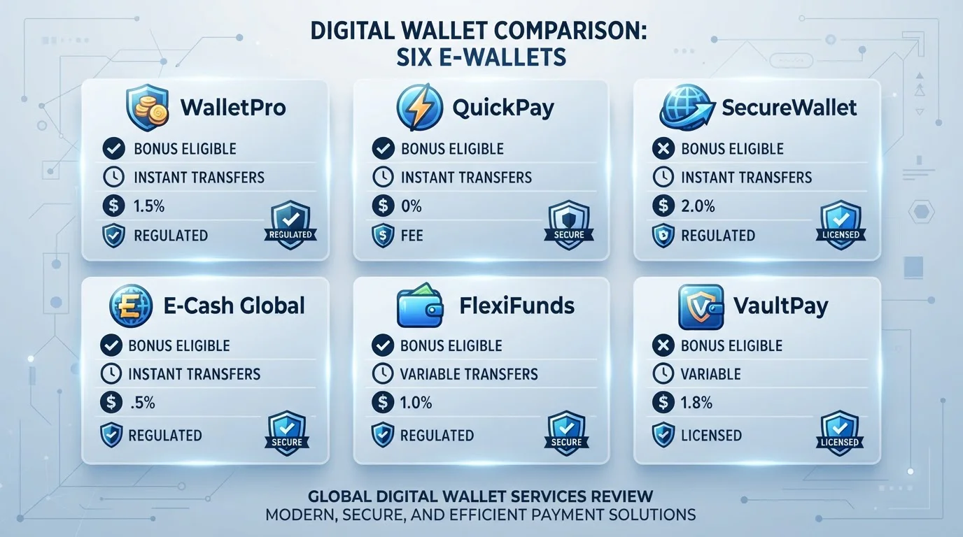 Comparison of e-wallet features showing speed, fees, and bonus eligibility across payment methods