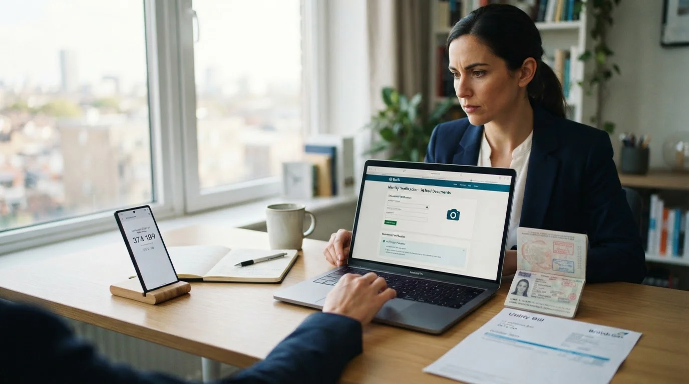 Person completing e-wallet verification on laptop with ID and proof of address documents