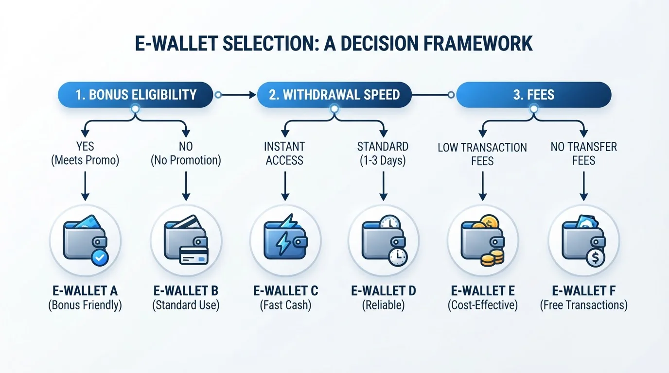 Decision flowchart showing e-wallet selection criteria based on priorities