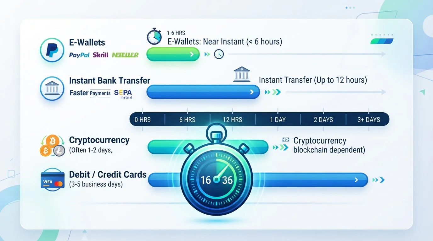 Stopwatch and payment method cards showing withdrawal speed comparison