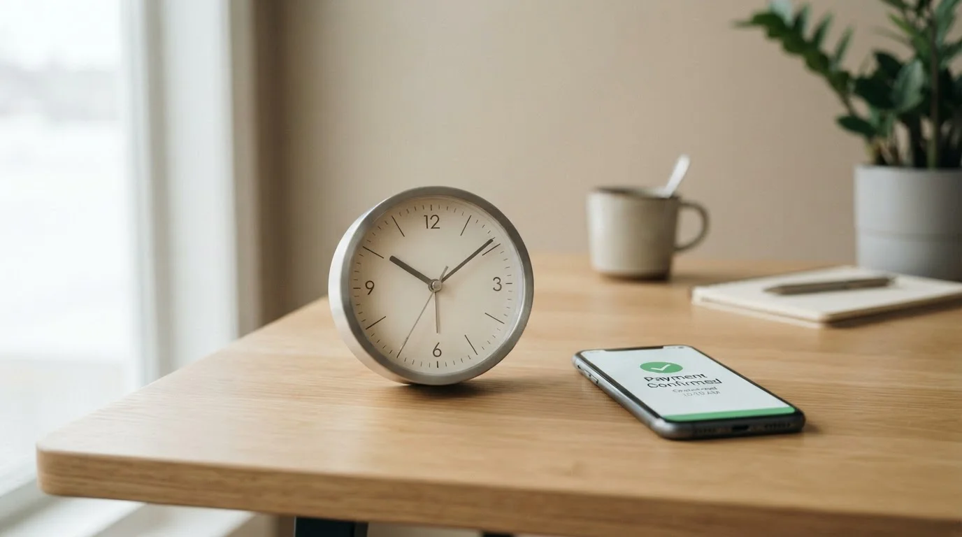 Clock showing fast withdrawal processing time with Skrill transfer notification