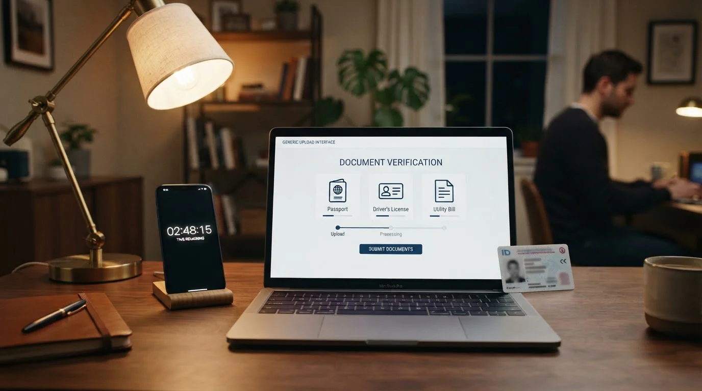 Laptop showing verification upload interface with ID card and smartphone timer