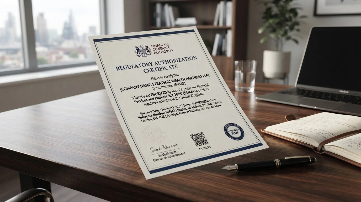 Official FCA authorisation certificate on a desk showing a firm reference number and licensing details
