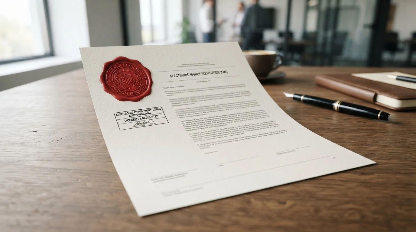 FCA regulatory document with Electronic Money Institution authorization seal
