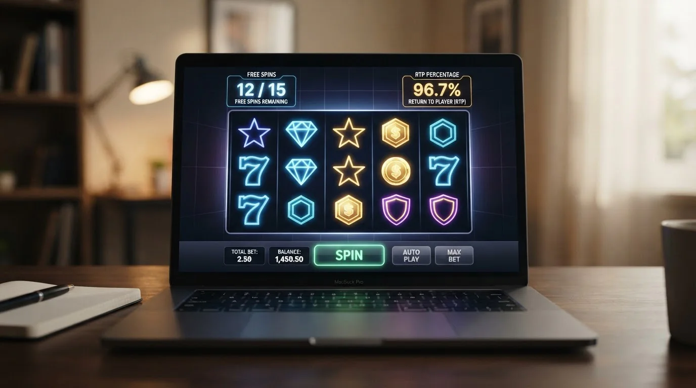 Slot machine reels with free spins counter and RTP percentage displayed