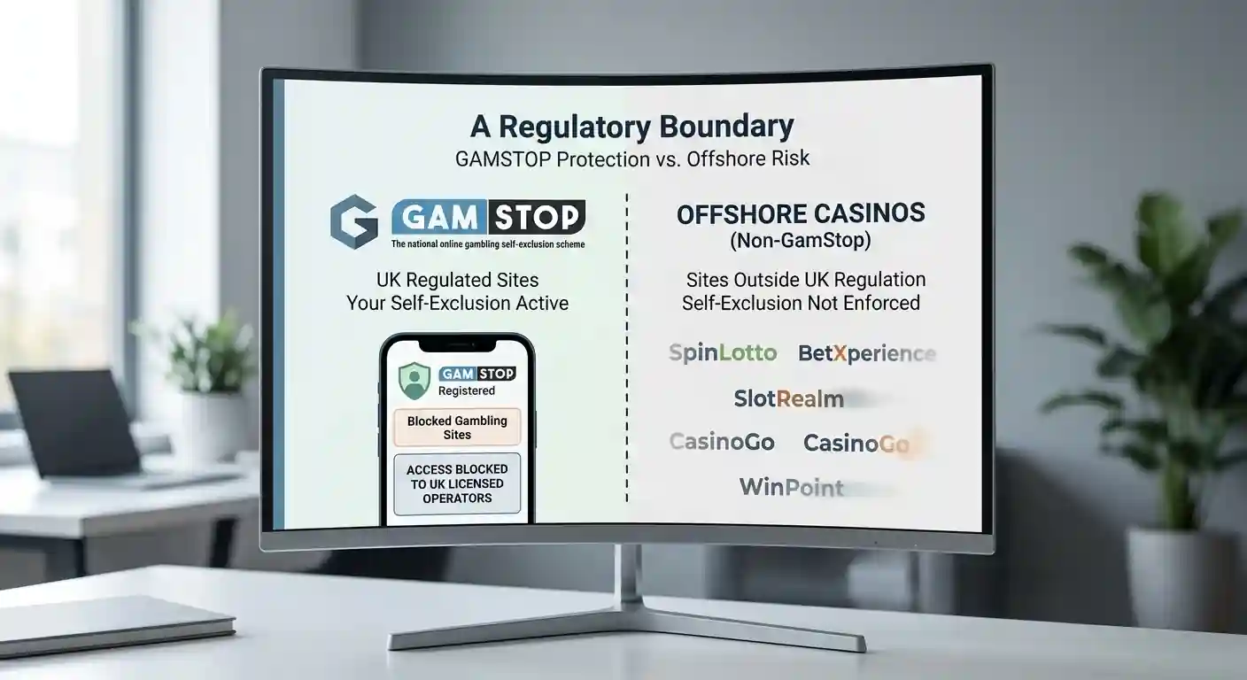 GamStop logo with offshore casino logos fading outside a boundary line