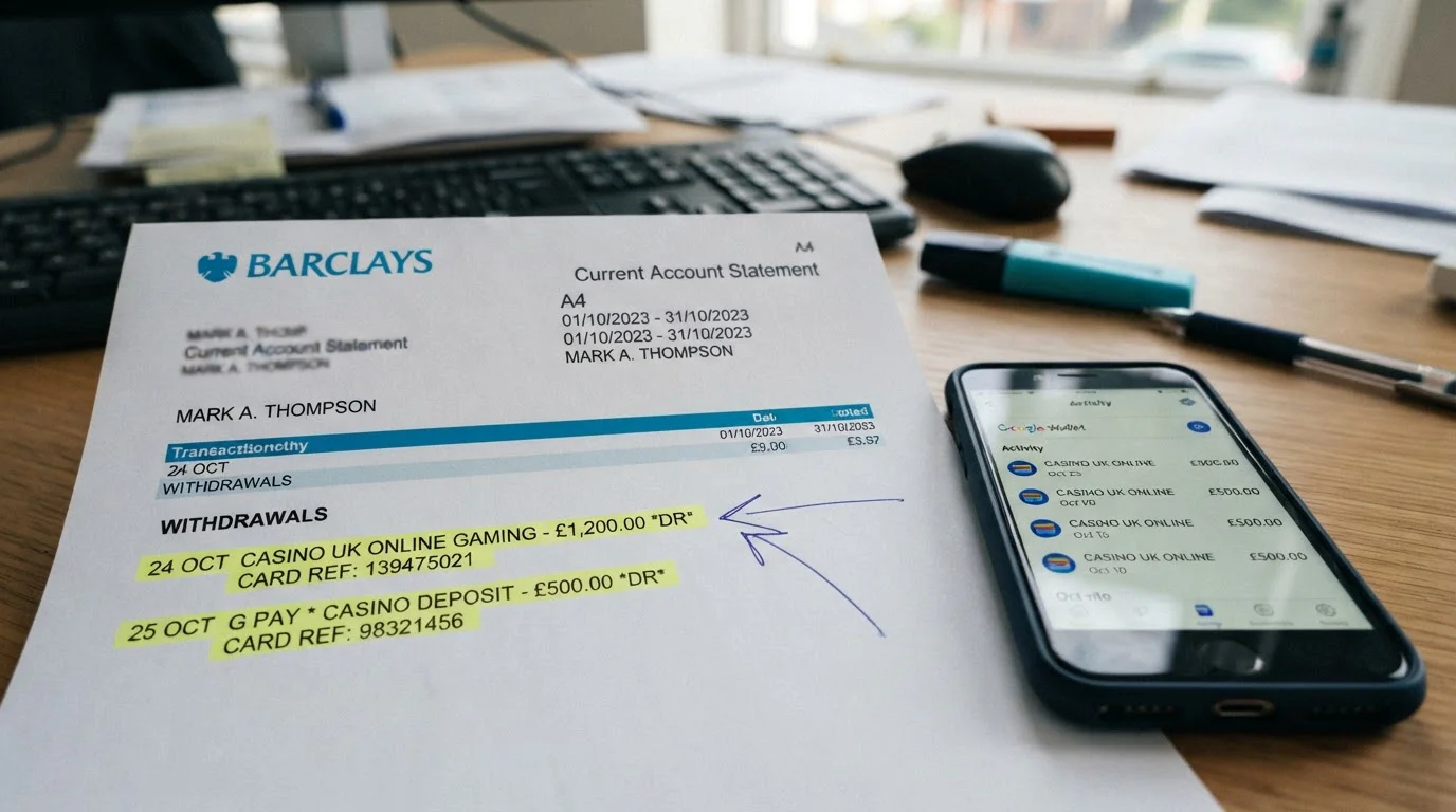 Bank statement showing casino withdrawal routed to debit card instead of Google Pay wallet
