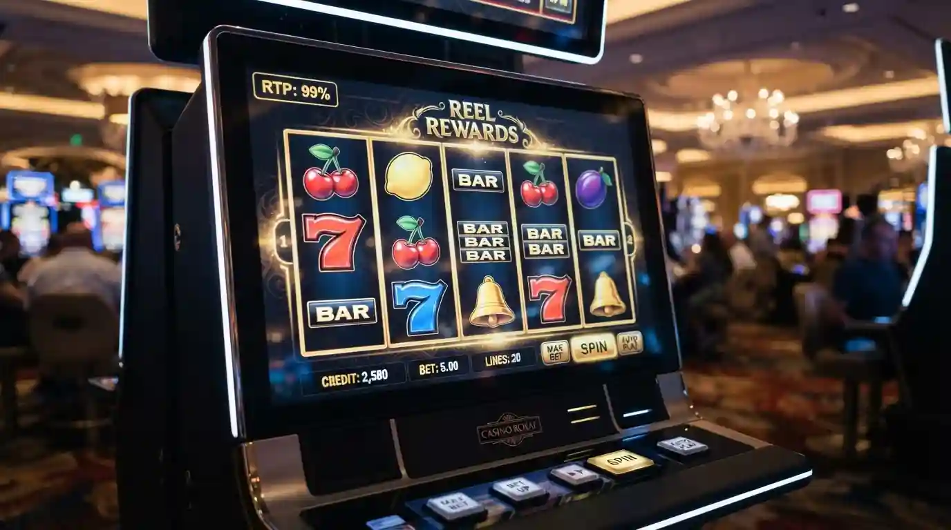 Casino slot reels showing generic symbols with visible 99% RTP indicator on game interface