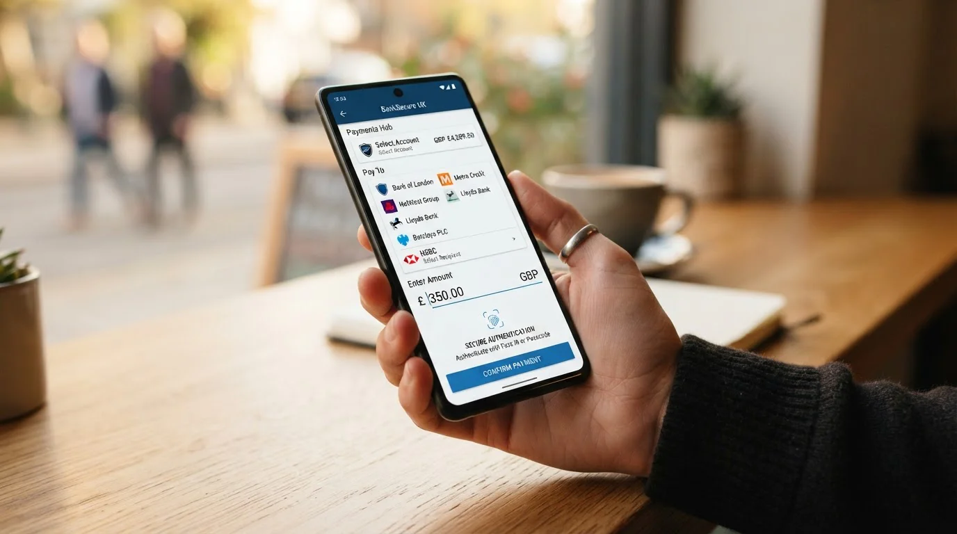 Person using mobile banking app to initiate instant bank transfer deposit at online casino