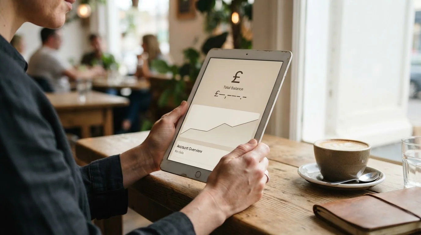 Hands holding tablet showing bank balance screen at cafe table