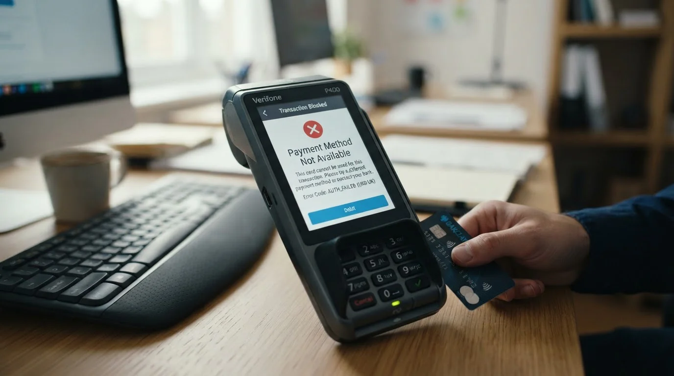 Close-up of payment terminal showing blocked transaction message at UK online banking interface