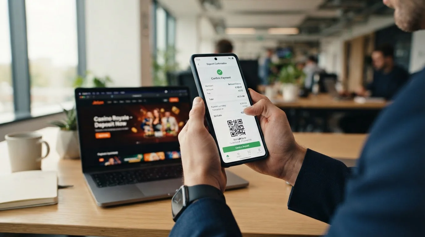 Smartphone showing step-by-step Jeton casino deposit process with QR code scanning