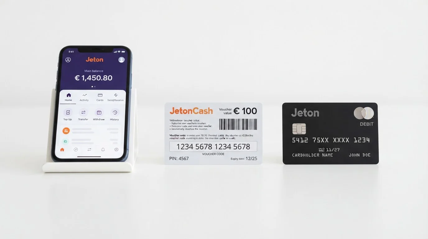 Three Jeton products side by side: wallet app interface, physical voucher code, and prepaid Mastercard